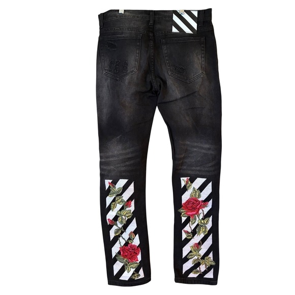 NWT OFF-WHITE Virgil Abloh Mens Distressed Black Jeans 30x27 Red Rose Stripes - Picture 1 of 12